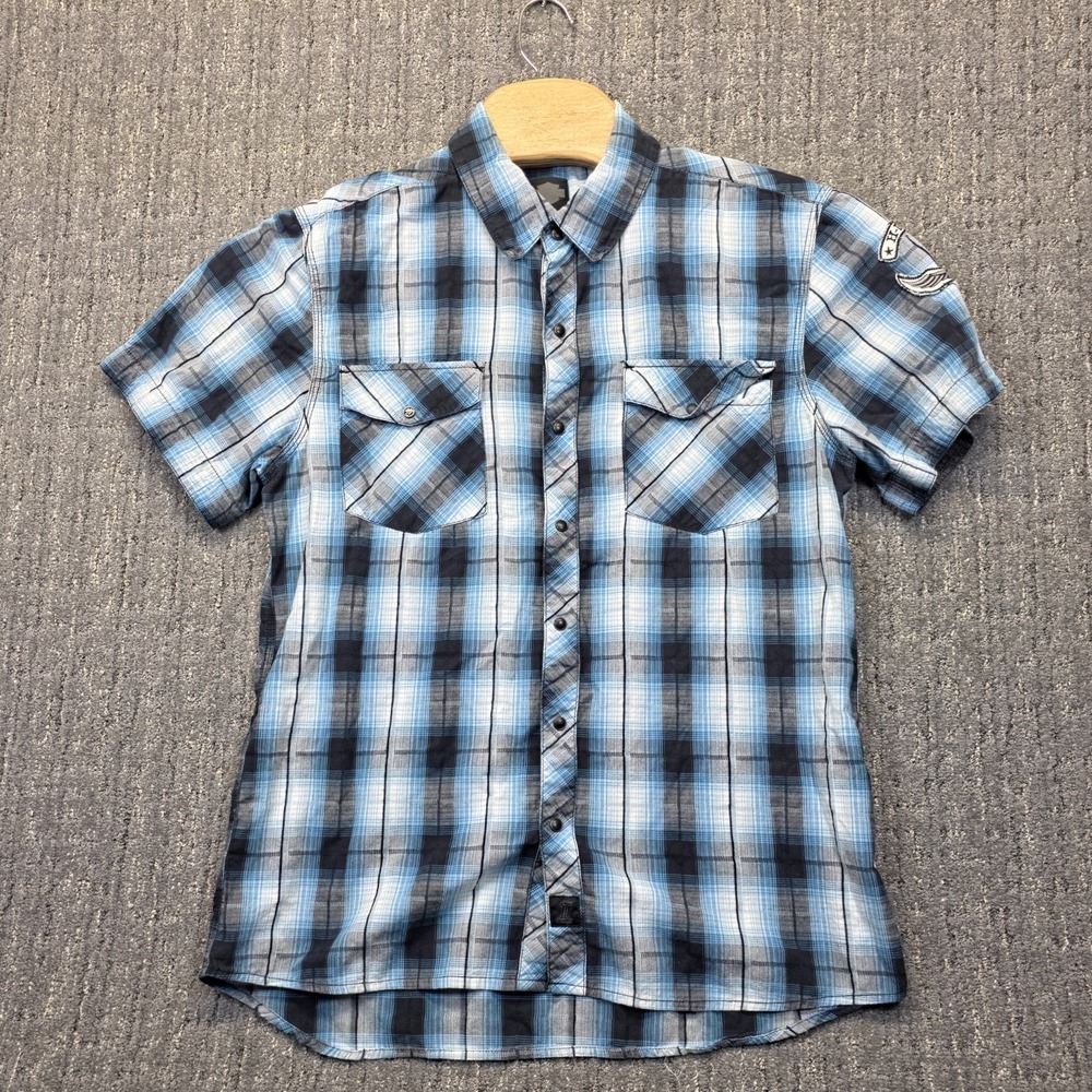 Harley-Davidson Mens‎ Medium Plaid Shirt Blue Black Western Biker Snap Button